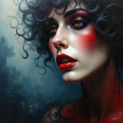 The primary subject of the image is a woman with a striking appearance. She has a unique look, featuring a mix of red and blue hair, and is wearing heavy makeup. The setting is a dark room, which adds to the dramatic atmosphere of the scene. The visual style of the image is a painting, which showcases the artist's skill in capturing the woman's distinctive features. The colors and mood of the painting are bold and striking, with the red and blue hair and heavy makeup creating a striking contrast against the dark background.